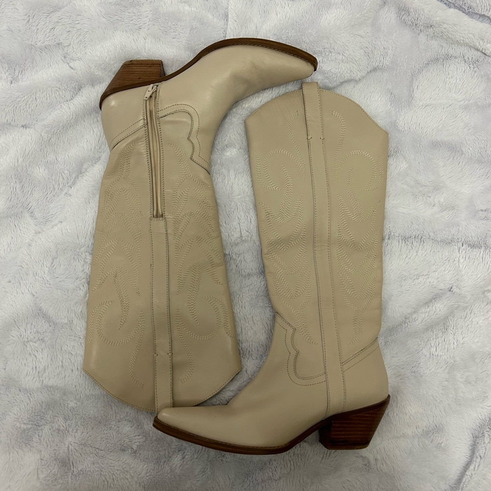 Cream Western Knee-High Boots